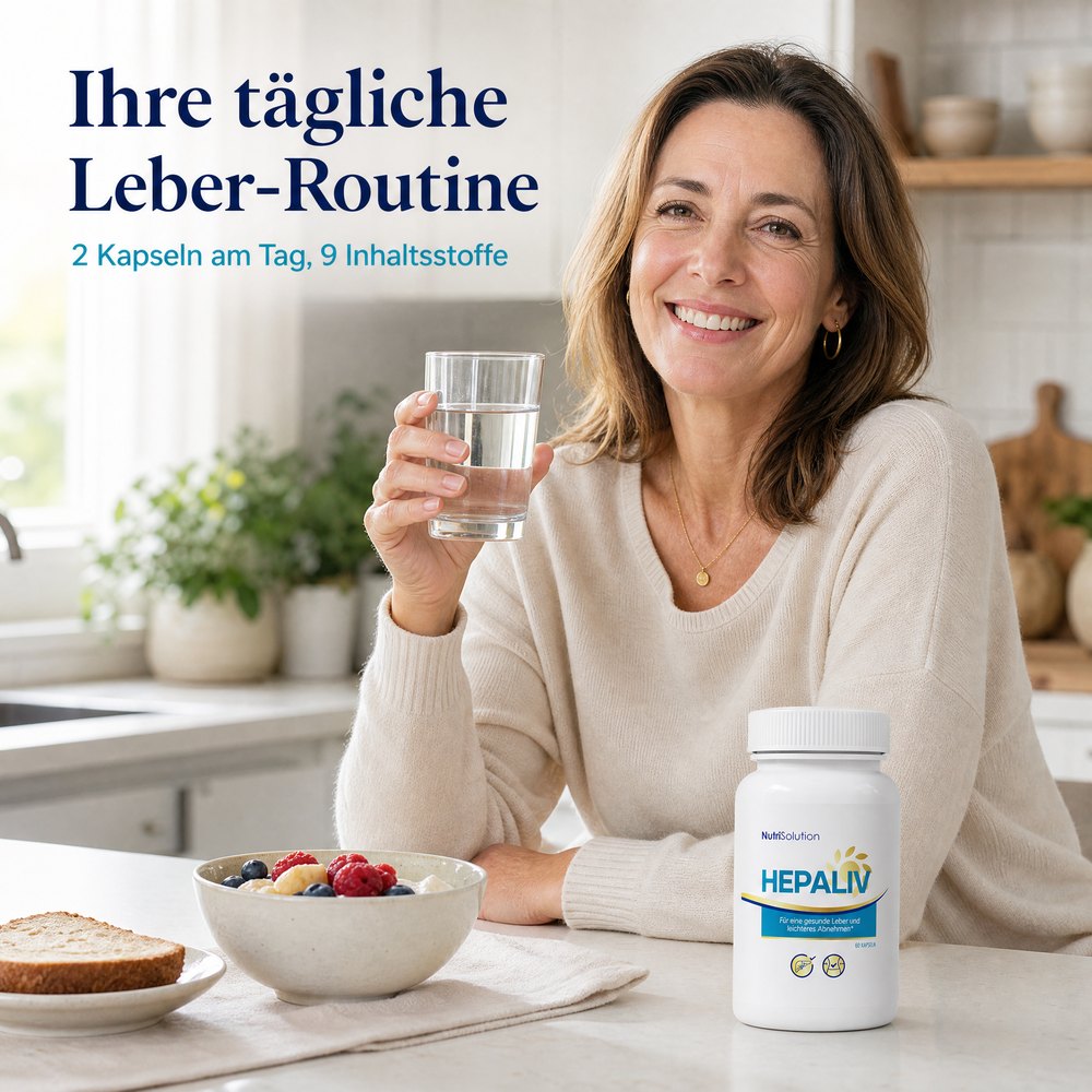 Frau mit einem Glas Wasser beim Frühstück, daneben die Hepaliv Dose: Ihre tägliche Leber-Routine